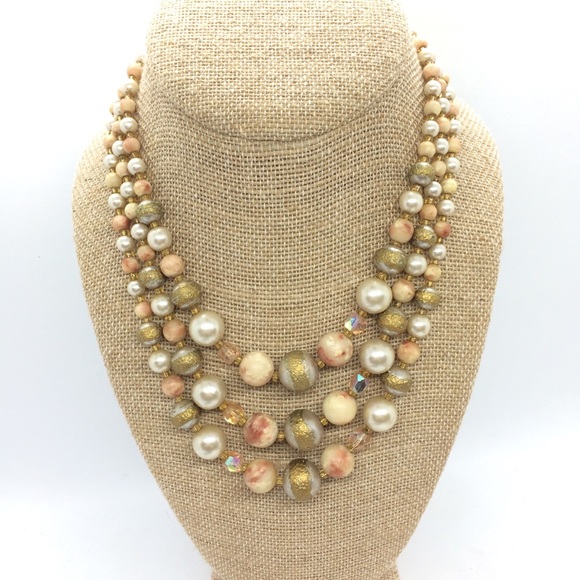 VINTAGE JAPAN 60s BEAD AB AURORA BOUREALIS MULTI LAYER COLLAR CHOKER NECKLACE - Picture 2 of 16